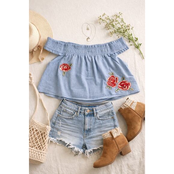 J.O.A. Tops - Boho Festival Off Shoulder Rose Embroidered Blue Stripe Crop Top Medium Shirt